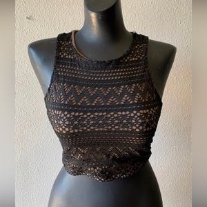 Small Brown and Black Lace Crop Top High Neck Blouse